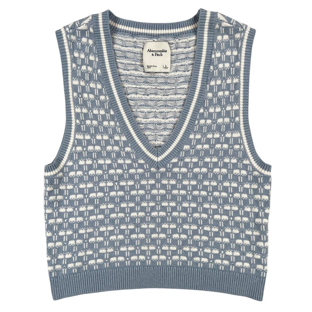 Abercrombie‎ and Fitch V Neck Sweater Vest Pullover Womens L Blue White Knit